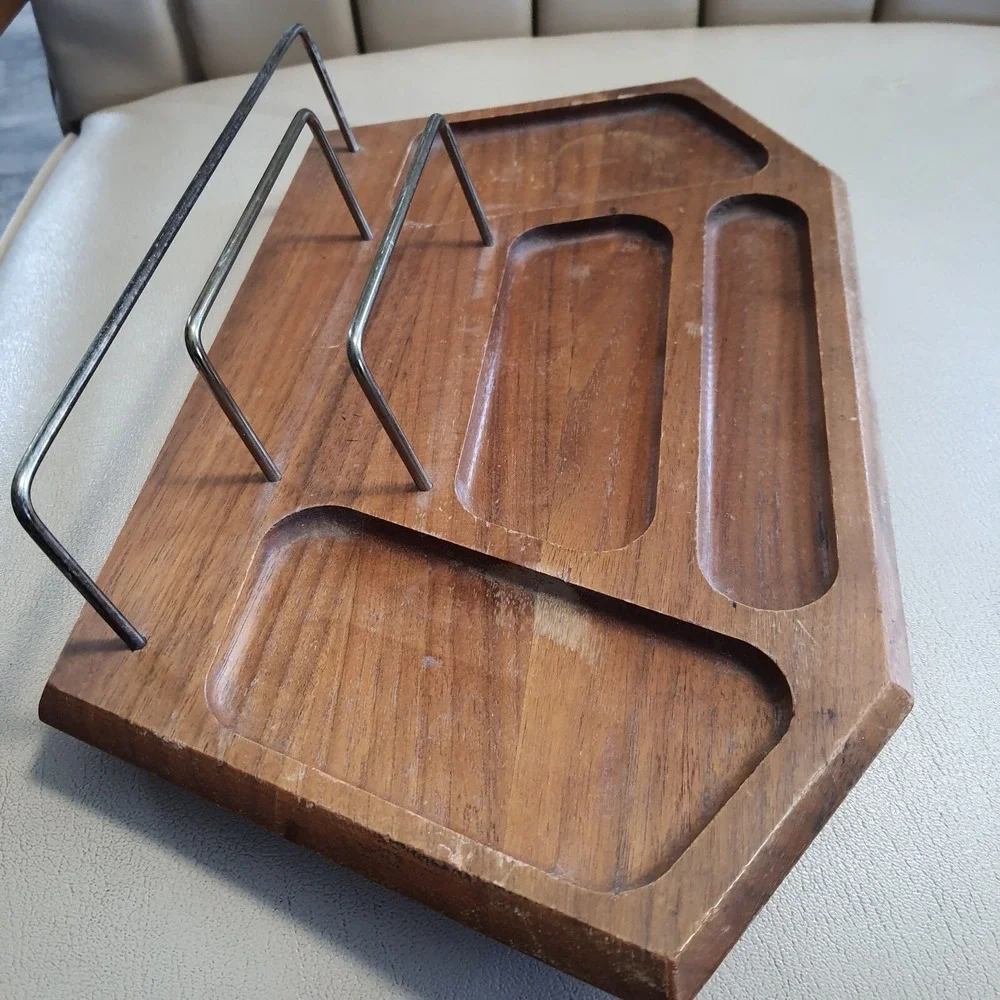 Vintage Setwell Genuine Walnut Wood Brass Dresser Desk Valet Caddy Tray MCM USA